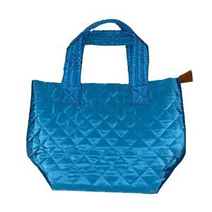 Blue Quilted Nylon Tote Bag with Brown Faux Leather Trim